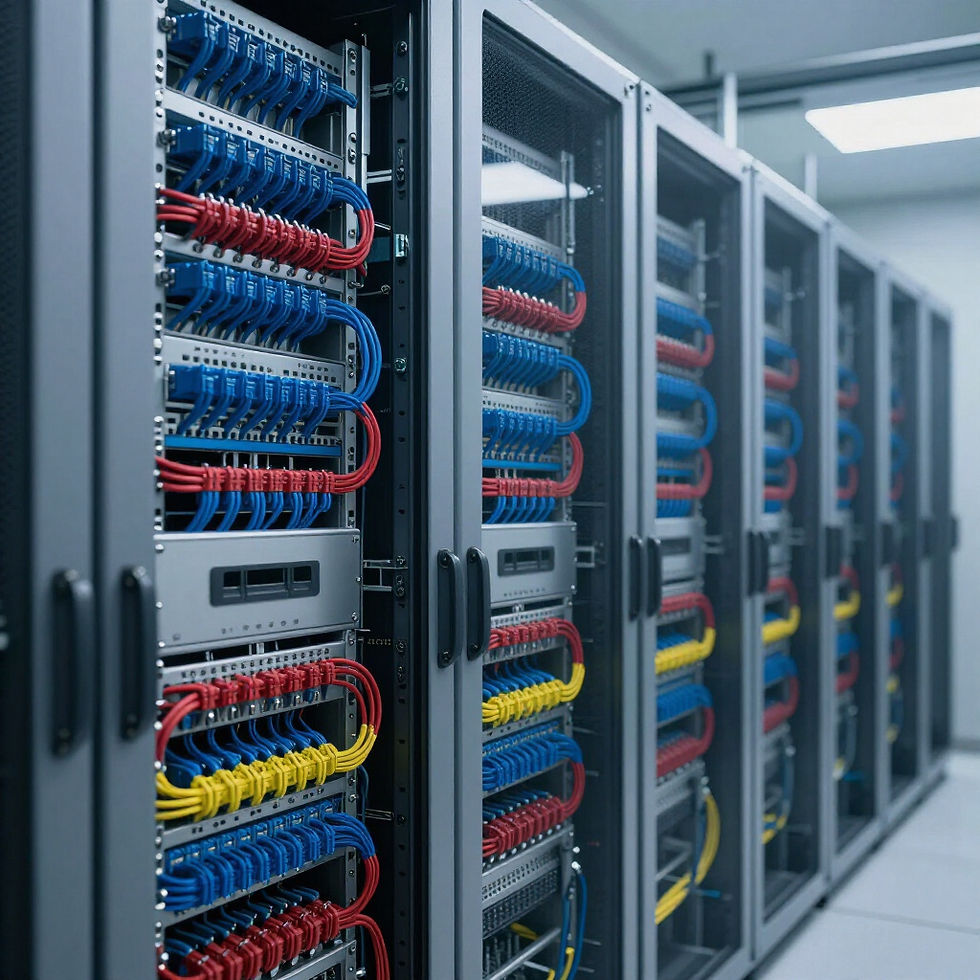 Row of server racks with organized blue and red cabling.