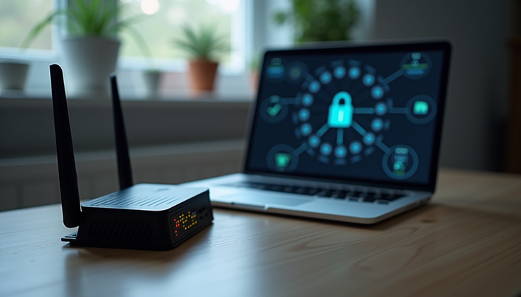 High angle view of a home router with security settings displayed on a nearby laptop