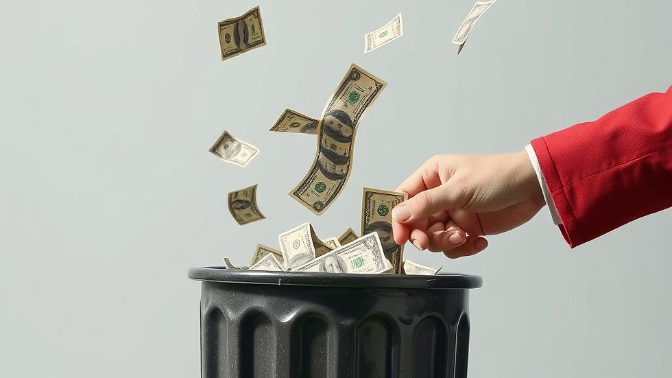 A hand in a red sleeve throws dollar bills into a trash can, with money scattered around, set against a plain gray background.