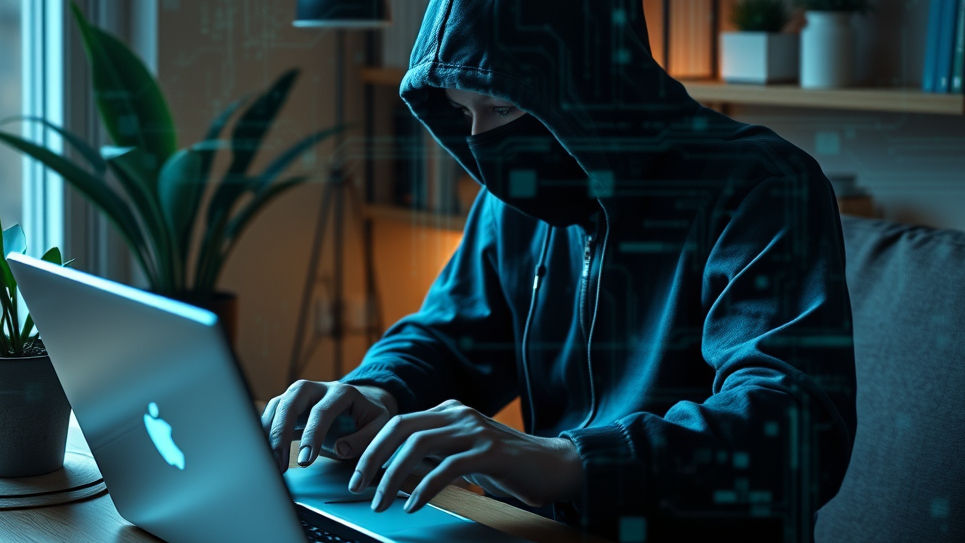 Person in a dark hoodie using a laptop in a dimly lit room, surrounded by plants. The glowing screen casts a blue hue, suggesting a hacking scene.
