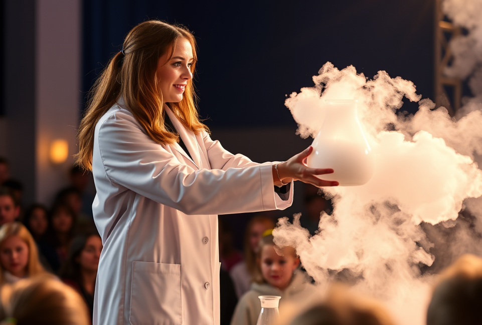 an amazing show by a young female scientist wearing a lab coat who is performing and using