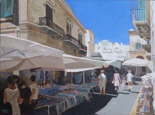An acrylic painting of a weekend market in a town in Italy