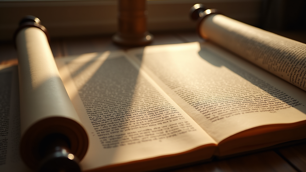 Close-up view of an open Torah scroll with soft lighting