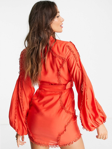 knee length dresses for ladies Rent Asos Design Lace Mini Dress With Pleated Chiffon And Satin Belt In  Rust Orange main image 1