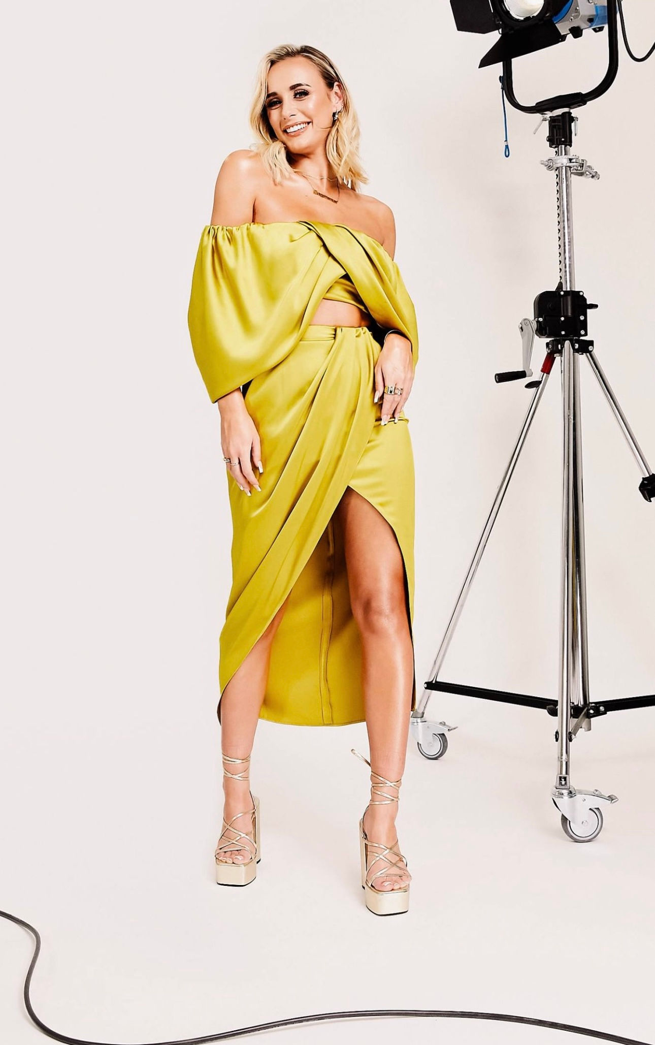 ASOS EDITION Satin Drape Off Shoulder Top & Drape Slit Midi Skirt Set in Mustard