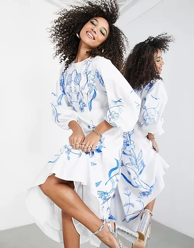 knee length dresses for ladies Rent Asos Edition Floral Embroidered Mesh Mini Dress With Blouson Sleeve In  Pale Blue