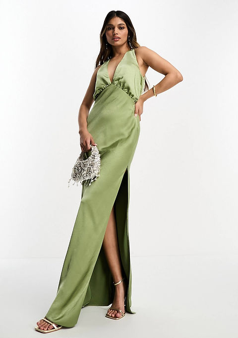 ASOS DESIGN Satin Plunge Slouchy Maxi Dress in Olive Green 27 Dresses Co