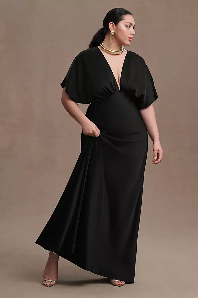 Thumbnail: BHLDN Leila Deep-V Flutter-Sleeve Satin A-line Gown in Emerald