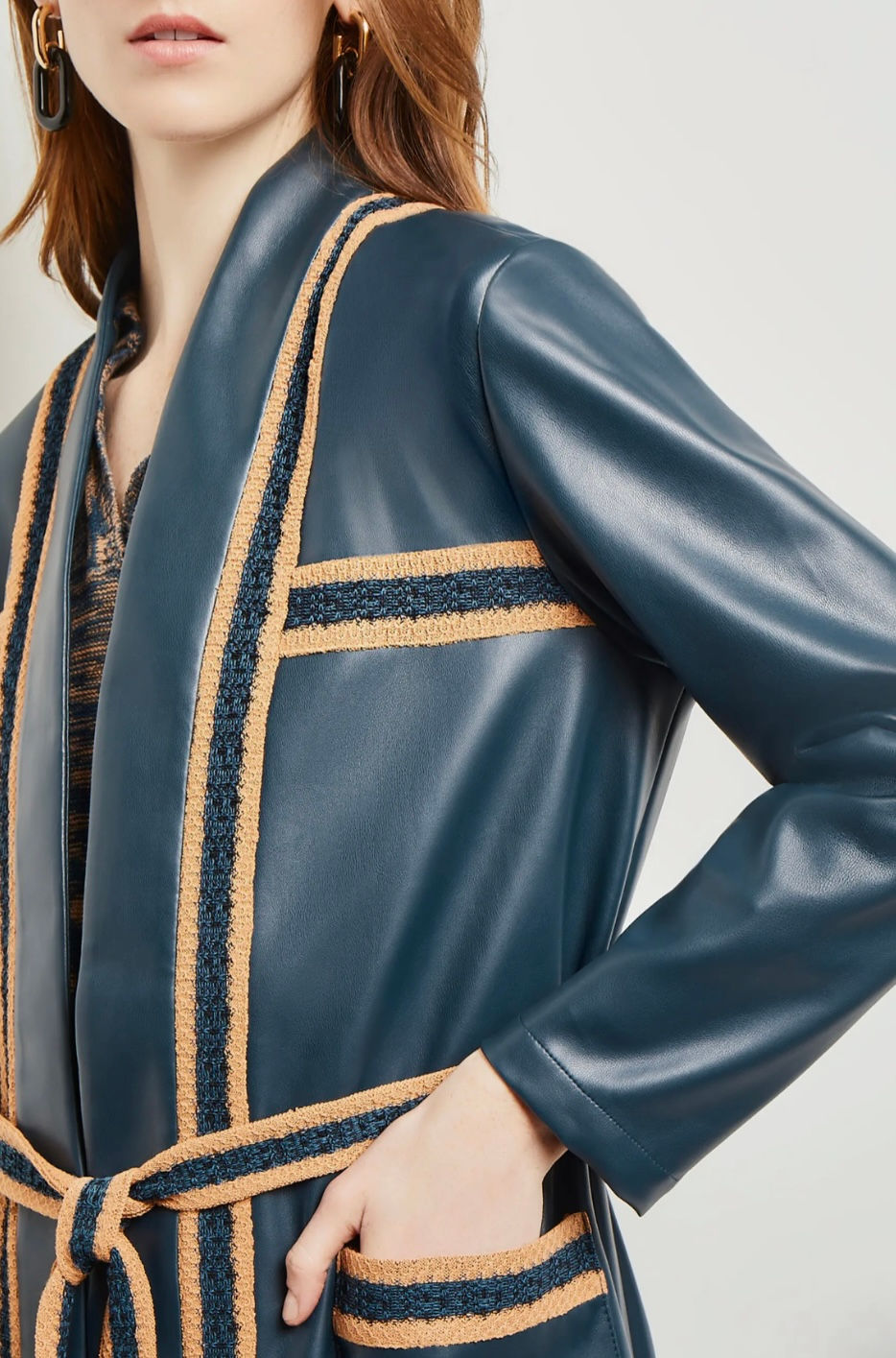 Thumbnail: Misook Belted Knit Trim Faux Leather Longline Jacket