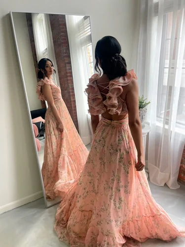 mac duggal indy chiffon dress Mac Duggal Indy Chiffon Gown Maxi Backless Ruffles Pink Size 0 X Small Gown