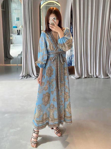 パーティードレス Zimmermann 4593DSS255 Dresses Zimmermann Fiesta Blue Paisley Print Cotton Long Sleeve Wrap
