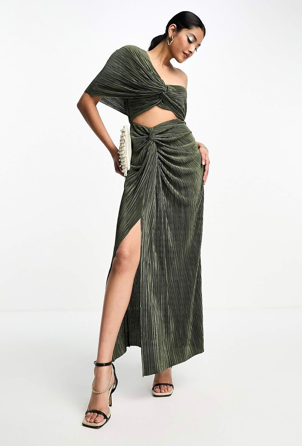 Thumbnail: ASOS DESIGN Two In One Fallen Shoulder Plisse Maxi Dress in Khaki