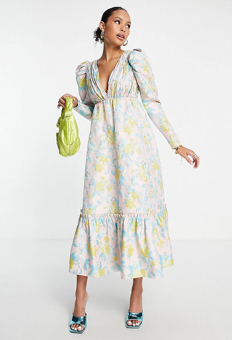 white christmas dresses Asos Design Cotton Cut Out Pleat Detail Midi Dress With Belt In Lime Green main image 0