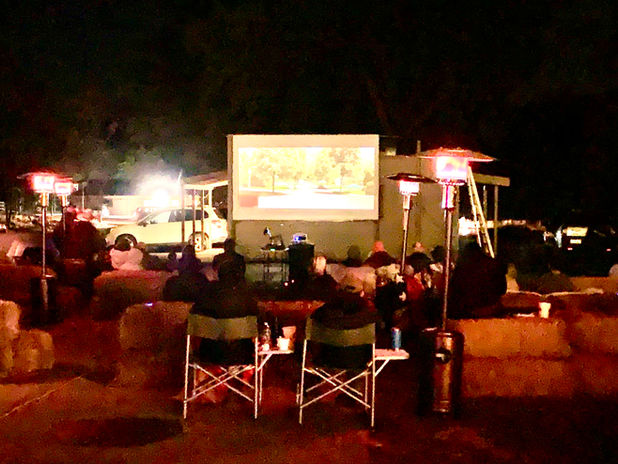Guests watching an outdoor movie under the evening sky