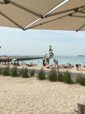 Shaded seating area at Kite Beach in Dubai