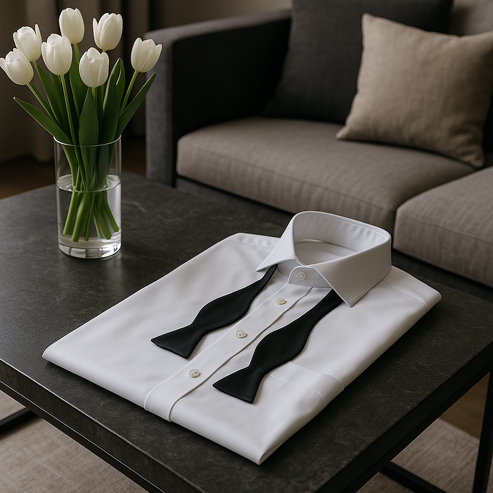 White unbuttoned shirt with a loose black bow tie on a gray stone table, white tulips in a vase, elegant living room in Armani-style colors.