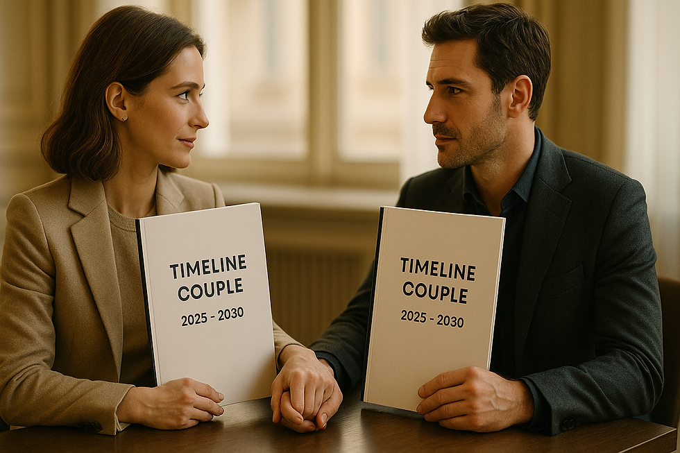 Ein Paar sitzt sich an einem Tisch gegenüber, hält sich an den Händen und zeigt zwei Ordner mit der Aufschrift „Timeline Couple 2025–2030“. Symbolisches Bild für moderne Beziehungen, die wie Projekte geplant werden – passend zum Blog „Die verwirrte Welt des Datens 2025“.