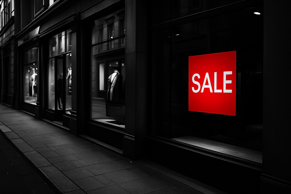 Black-and-white photo of a shopping street with a red SALE sign in the shop window – symbolizing the decline of retail through constant discount promotions.