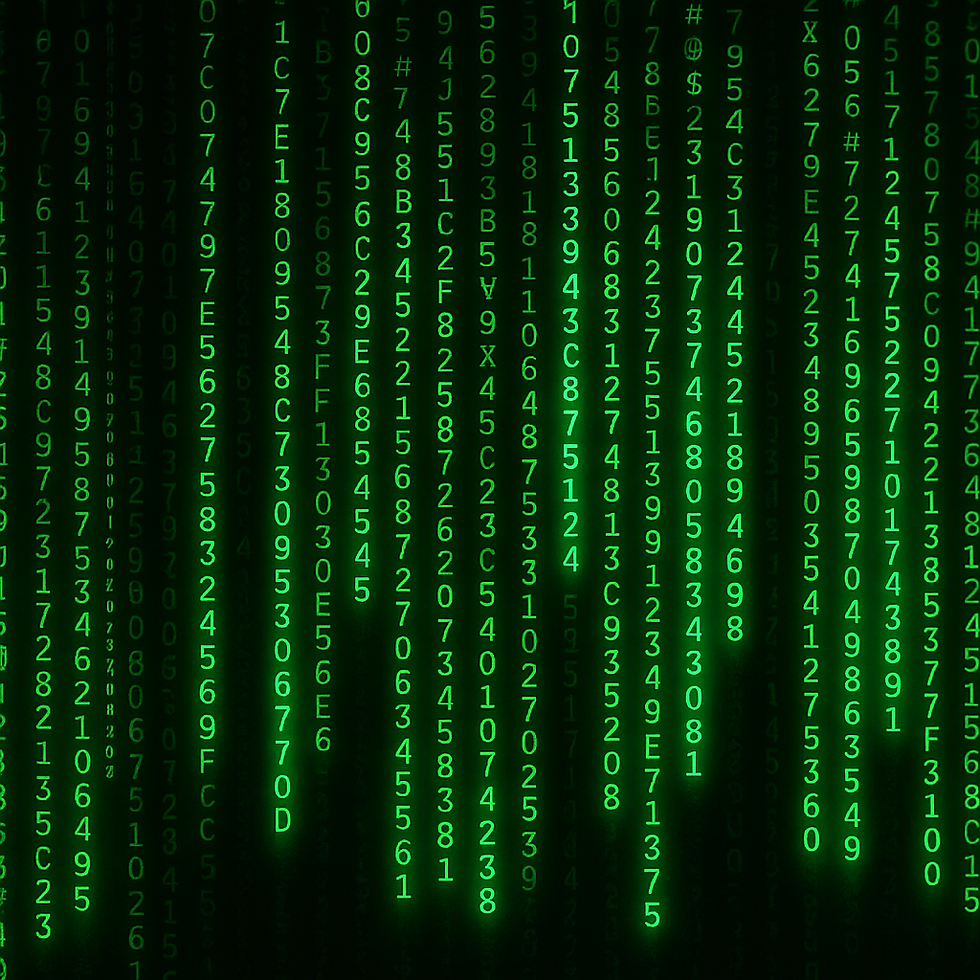 Green digital code falling on a black background, inspired by The Matrix movie, symbolizing simulation and virtual reality.