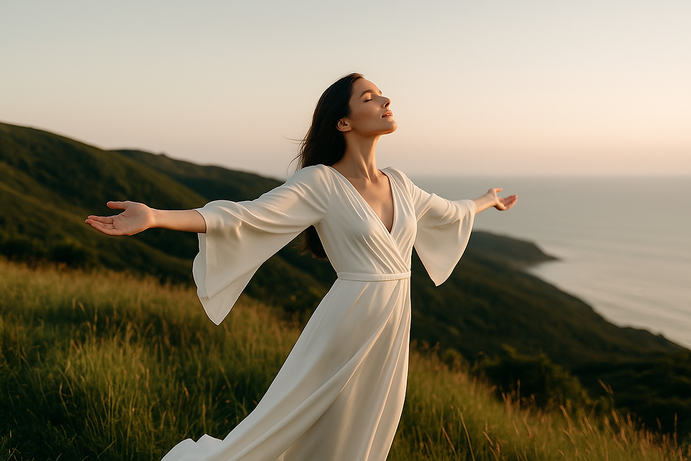“A woman in a flowing white dress stands on a grassy hillside at sunset, arms outstretched, peacefully facing the sky and the ocean in the distance, symbolizing freedom and inner luxury.”