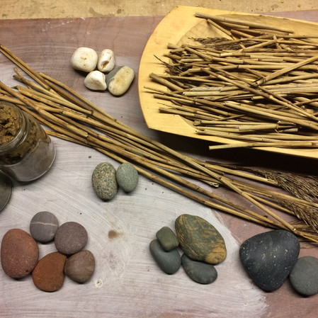 Reeds, pebbles and clay samples