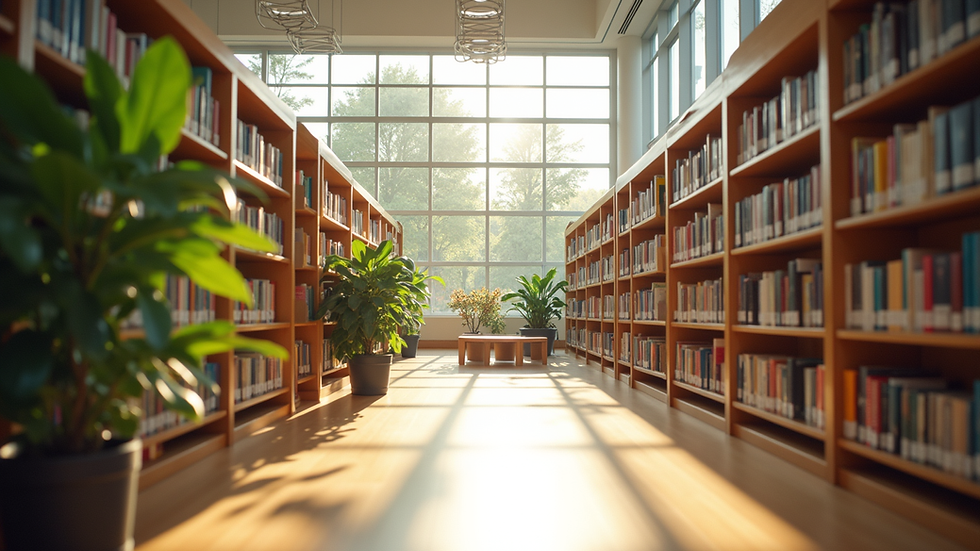Wide angle view of a bright library reading area with natural light and plants
