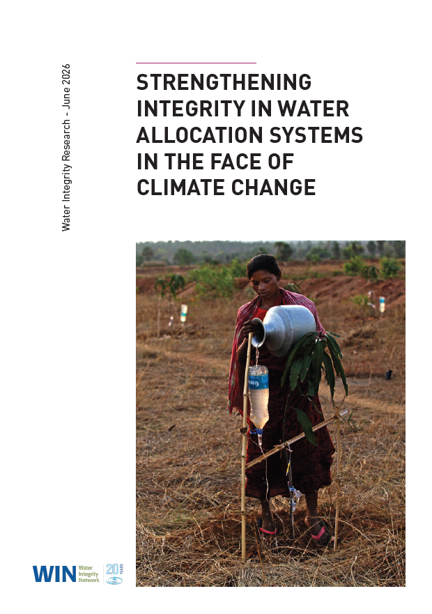 cover photo of research report: strengthening integrity in water allocation systems in the face of climate change, with woman in india irrigating her field using drip irrigation