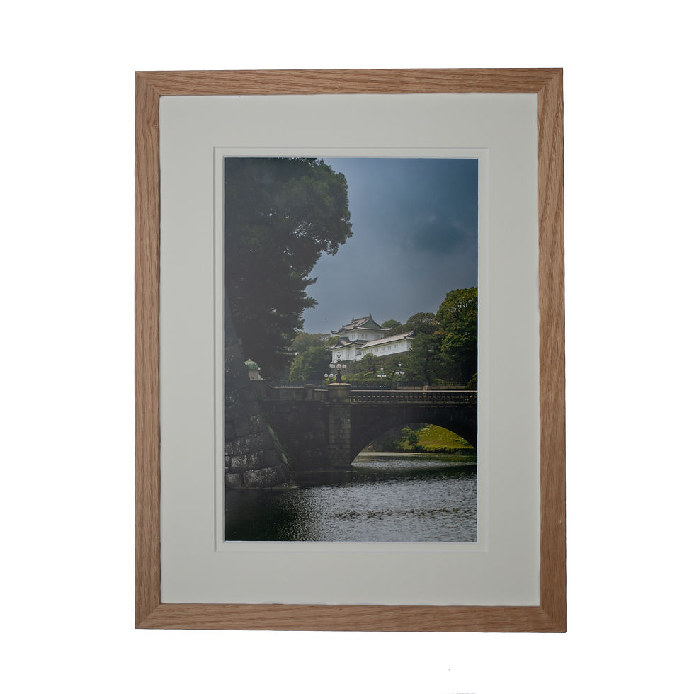 wall art the Japanese Imperial Palace with a bridge and river in the foreground with an oak frame