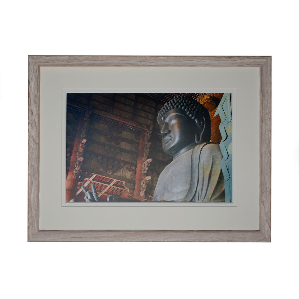 Thumbnail: An artistically photographed print of a big statue of Buddha with a Wood Taupe frame