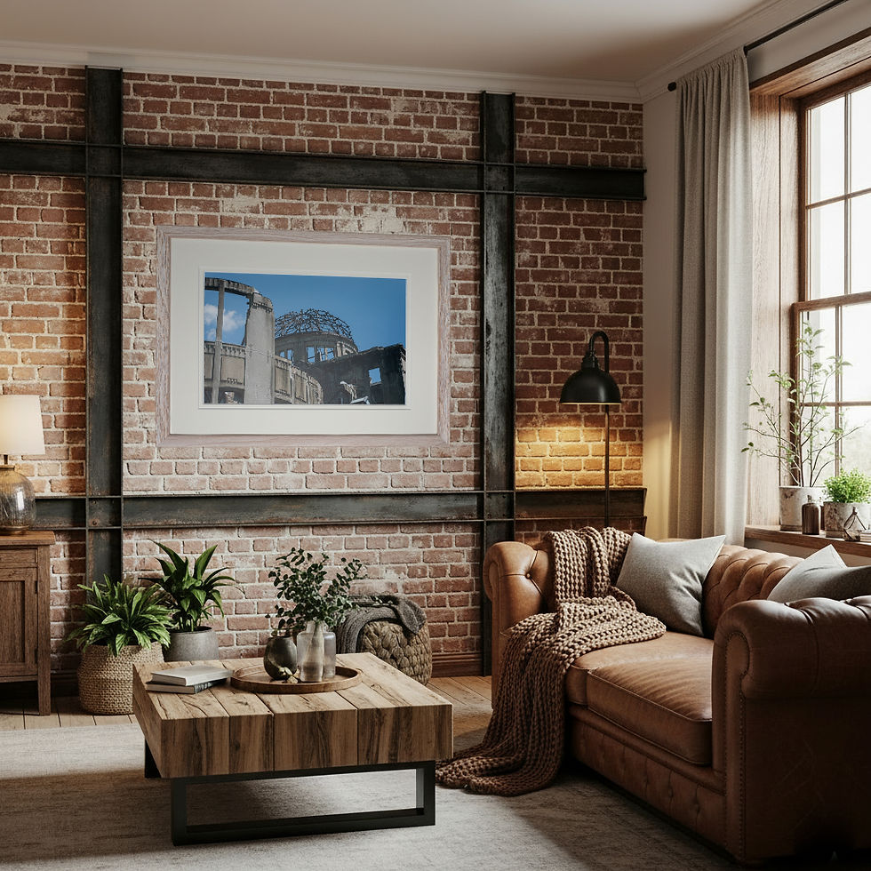 A print of the A bomb dome in a wood taupe frame on a living room wall