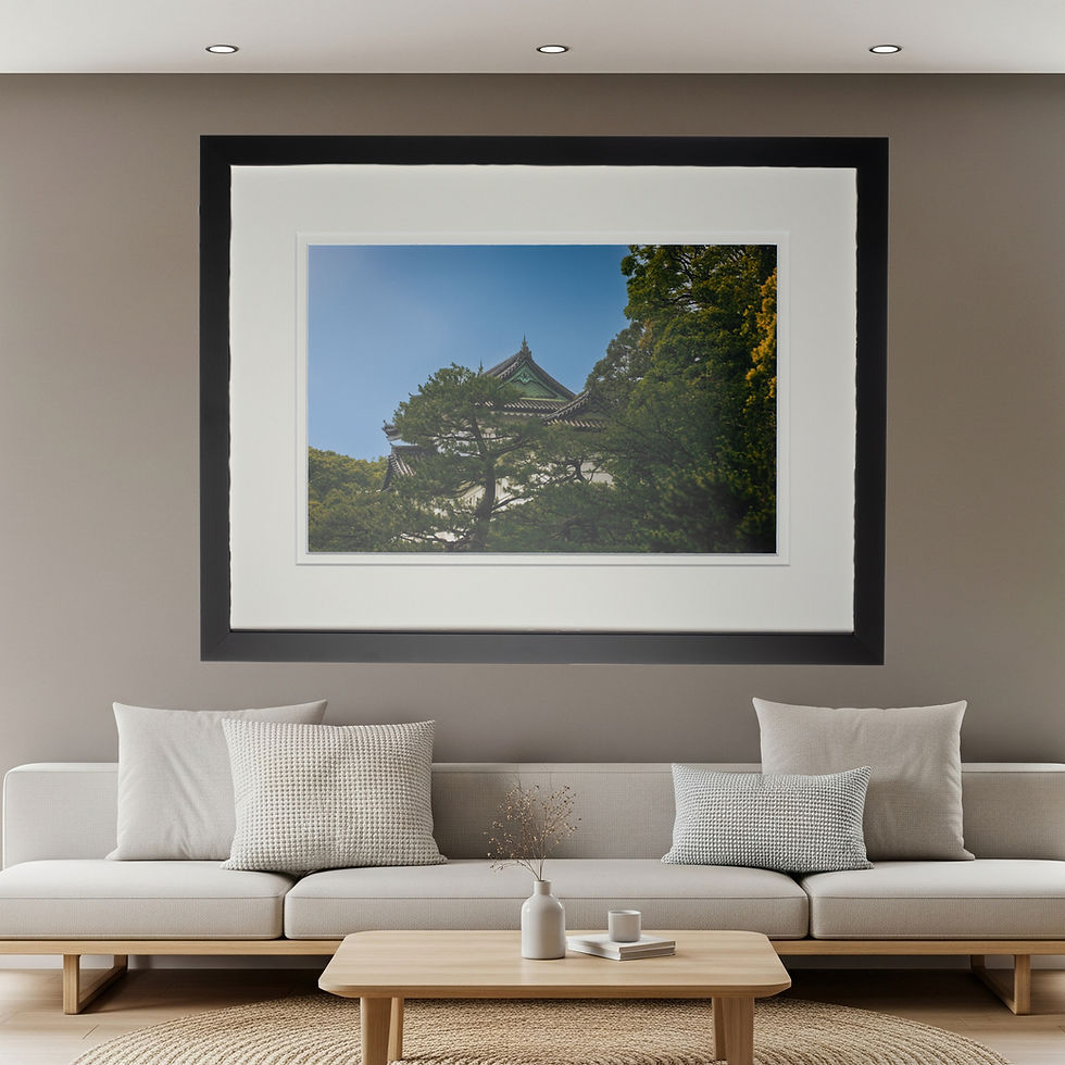 Artistically photographed wall art print of the Japanese Imperial Palace viewed through the trees with a black frame display