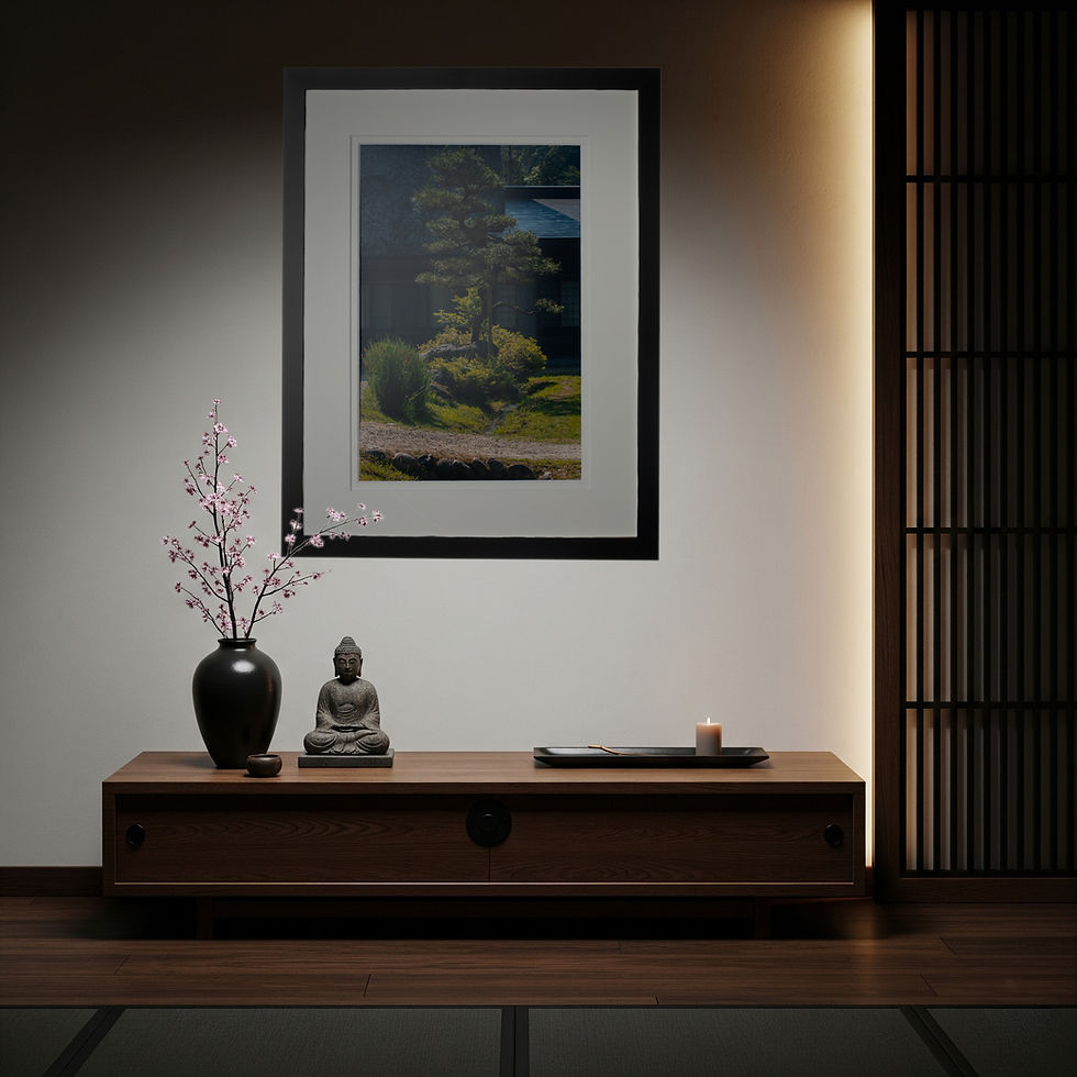 A artistically photographed Japanese tree set against a traditional Japanese style building with a black frame displayed