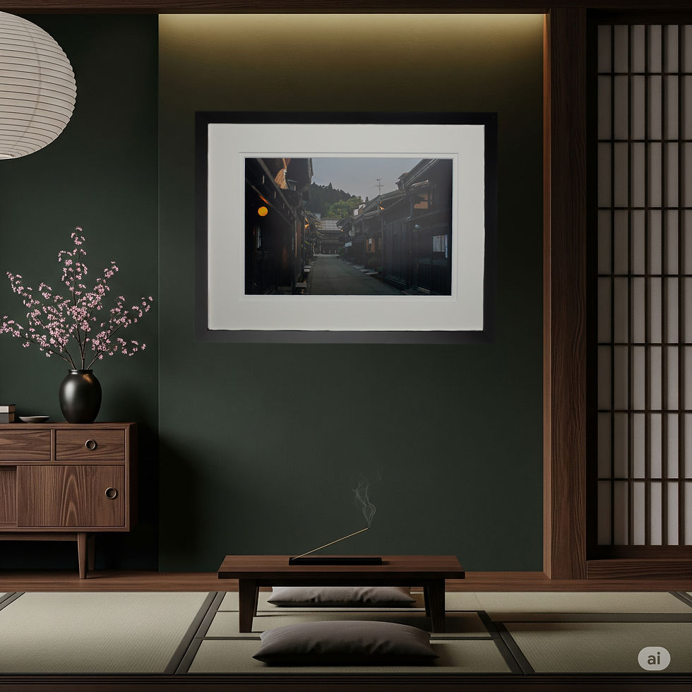 An artistic wall art print of old town Japan in the evening with a black frame displayed in Japanese living room