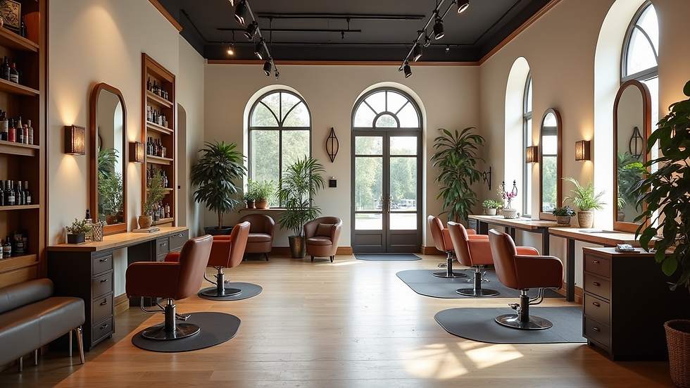 Wide angle view of Black Pearl Salon interior with styling stations and cozy seating