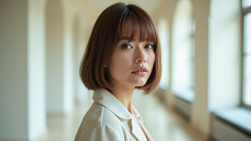 Close-up view of a woman with a long bob haircut