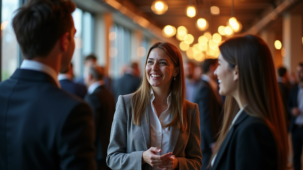Eye-level view of a networking event with diverse professionals interacting