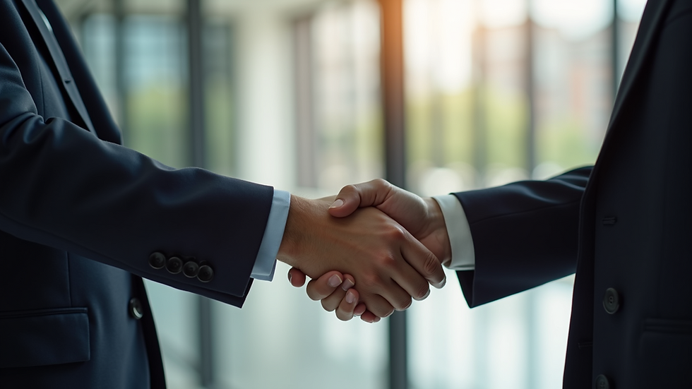 Close-up view of handshake between two business professionals in a corporate setting