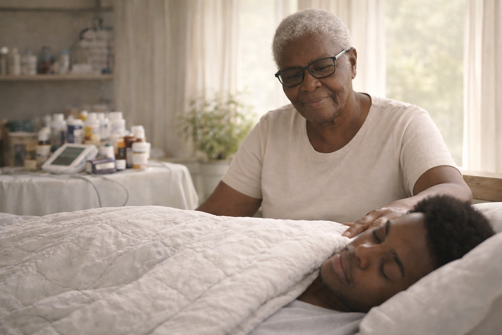 An older Caribbean woman tends quietly to a younger adult resting in bed, with signs of home caregiving in the background.