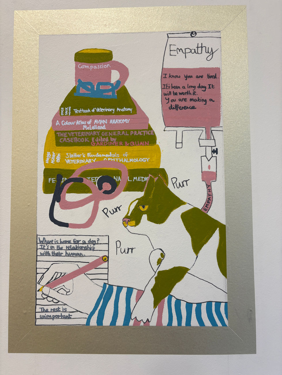 All4Paws Mural - Veterinary Student studying with pet cat empathising (represented by the fantasy intravenous infusion) surrounded by textbooks, stethoscope, cup of tea. This one shows the vinyl frames which 'embedded' the images into the wall.