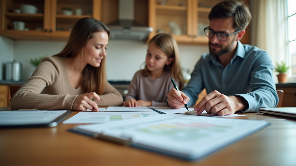 Eye-level view of a family reviewing insurance documents at a kitchen table