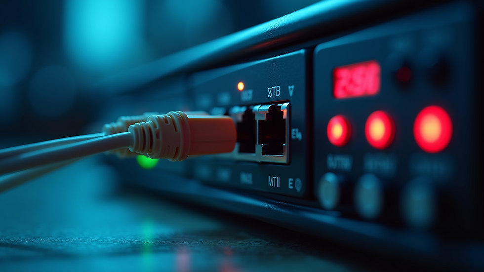 Close-up view of a network security device with blinking lights