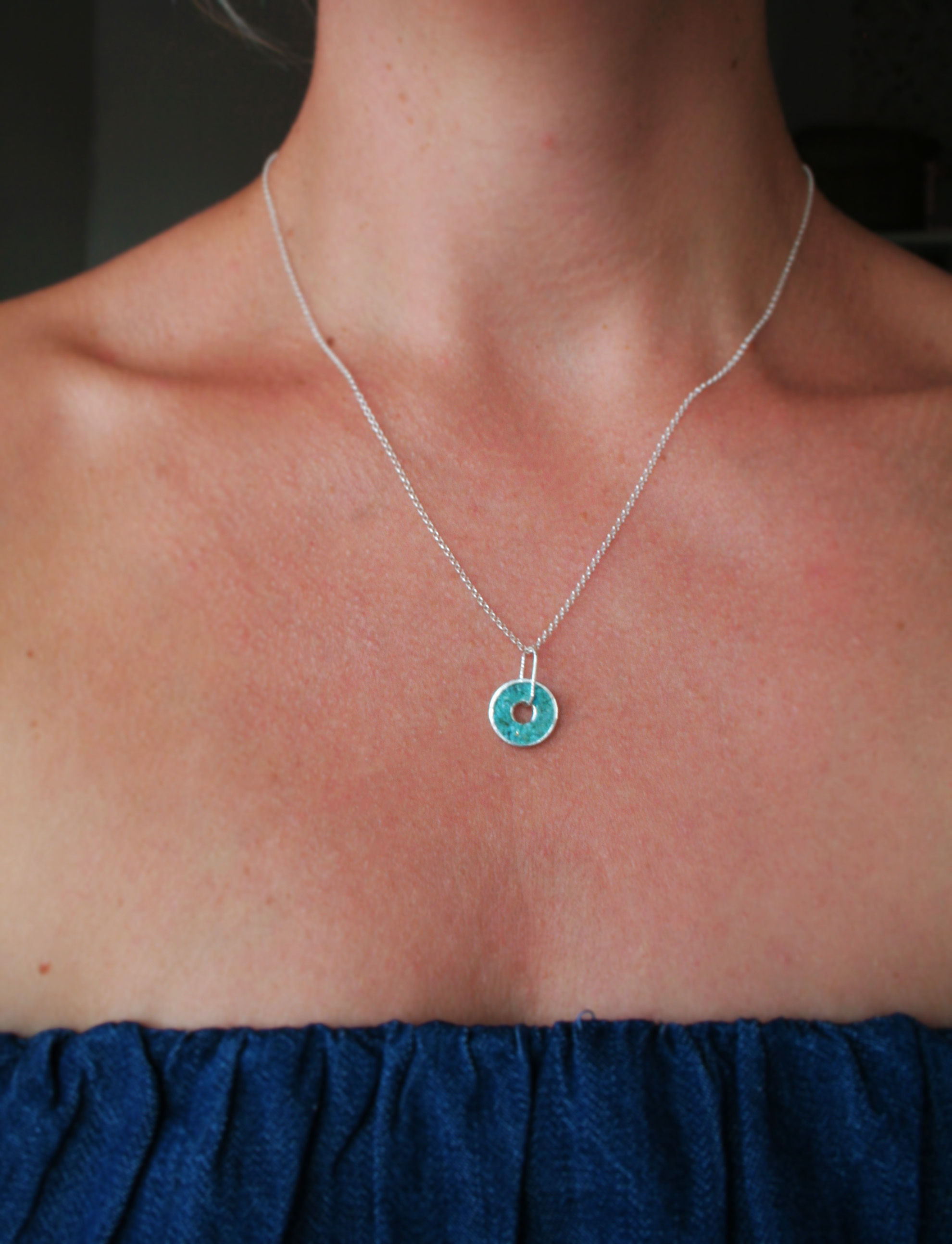 Turquoise Inlay Moving Ring Pendant in Silver