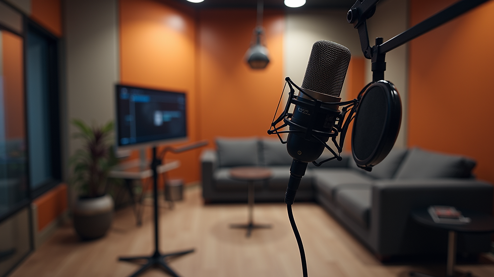 Eye-level view of a modern podcast studio with professional microphones and soundproof walls
