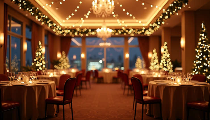 Eye-level view of an elegantly decorated banquet hall ready for a festive event