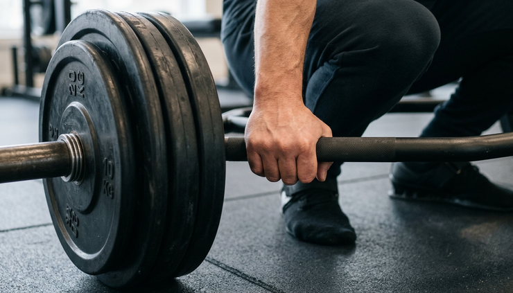 Close-up view of a hand gripping a loaded trap bar in a gym