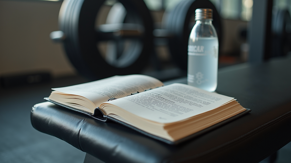 Close-up view of a fitness journal and water bottle on a gym bench