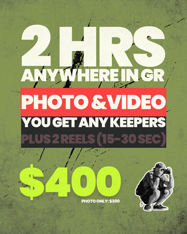 Krash Gordon Media Grand Rapids photography and video special flyer offering two hours of shooting, two reels, and edited photo keepers for $400.