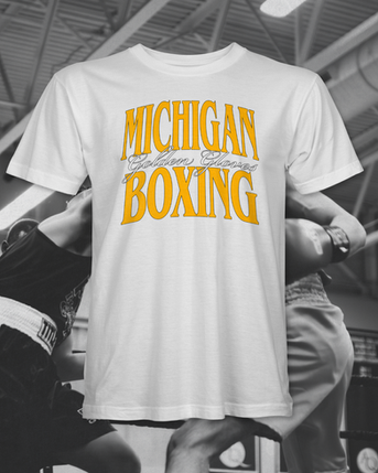 Render of the Michigan Golden Gloves Bootleg shirt design for tournament apparel
