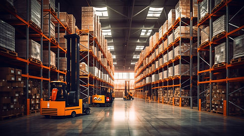 Warehouse aisle with forklifts