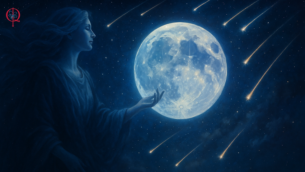Donna in stato meditativo avvolta dalle stelle cadenti e dalla luce della luna piena